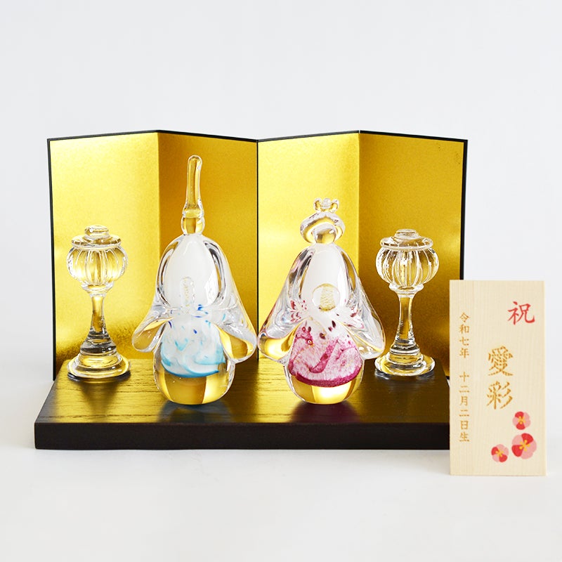 SUN GLASS STUDIO手造り硝子雛 (木製名入れ立札付）